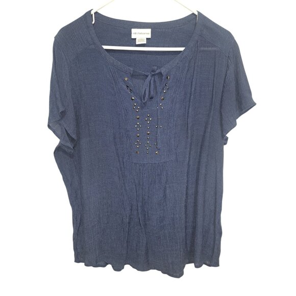 Liz Claiborne Womens Blue Beaded Studded XL Tie Neck Blouse Boho Peasant - Picture 1 of 6
